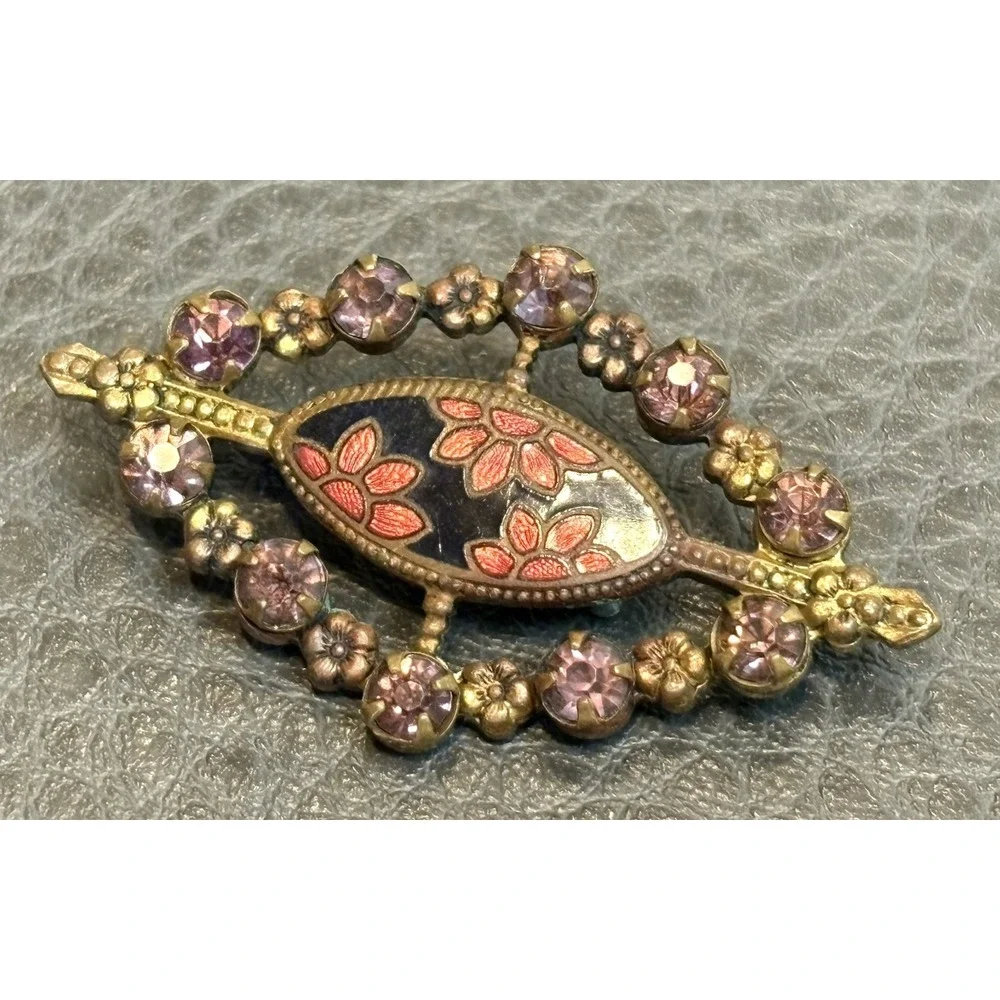 Vintage Victorian Revival Floral Enamel Purple Rhinestone Floral Brooch Pin